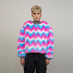 Pink faux fur coat short striped collarless jacket unicorn trench fluffy detachable sleeves handmade festival overcoat burning man fleece