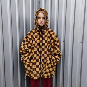 Checked fleece jacket brown hooded geometric bomber plaid grunge coat detachable sleeves handmade check pattern overcoat fuzzy festival set