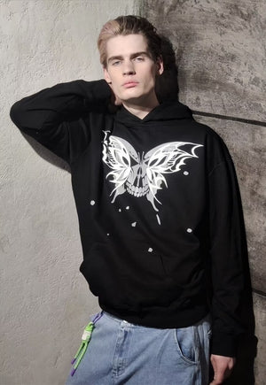 Silver butterfly hoodie metallic skeleton pullover black