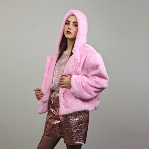 Collarless faux fur coat pastel pink fuzzy trench hairy crop jacket detachable sleeves handmade fluffy party overcoat fluffy festival set