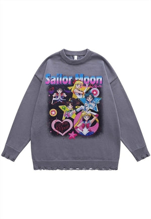 Anime sweater jumper ripped knitted top in black