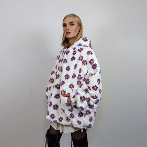 Floral fleece jacket white daisy print bomber fluffy sunflower pullover handmade rave festival overcoat grunge fuzzy hoodie