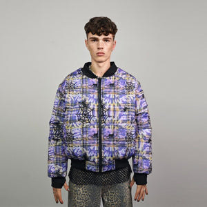 Spider web print jacket purple tie-dye bomber plaid check puffer punk reversible college varsity detachable sleeves handmade tartan coat