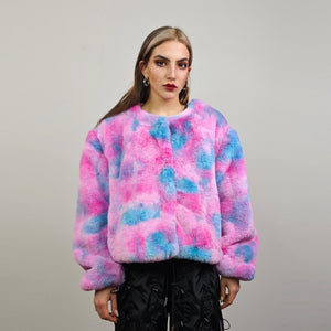 Pink tie-dye fleece coat short abstract collarless jacket gradient trench fluffy detachable sleeves handmade festival overcoat burning man