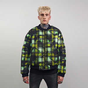 Tie-dye check bomber green brat jacket raver reversible college varsity detachable sleeves handmade plaid puffer grunge punk rocker coat