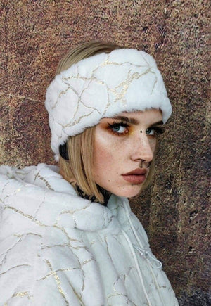 Fleece headband luxury fluffy head cover golden foil white