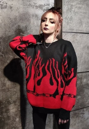 Flame sweater in red punk fire knitwear jumper in red black
