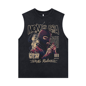 Gangster sleeveless t-shirt balaclava print surfer vest 00s hip-hop tank top in acid wash black