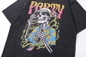 Party slogan t-shirt skeleton cartoon tee retro hawaii top in vintage grey