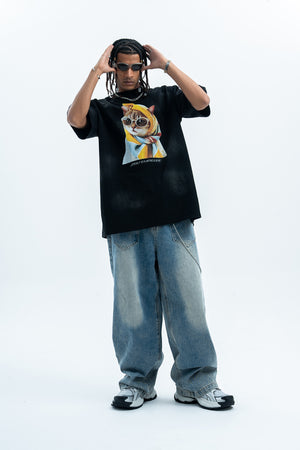 Cat print t-shirt retro cartoon top funny tee in black