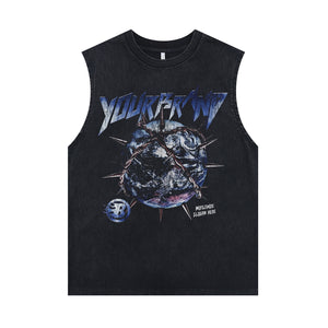 Earth print vintage sleeveless t-shirt gothic surfer vest retro creepy tank top in acid wash black