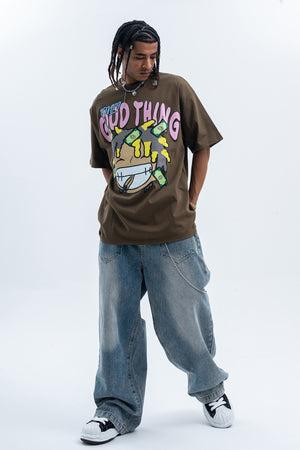 Hip-hop t-shirt rapper top money print tee Brown