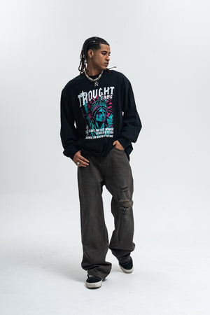 Statue of Liberty jumper creepy American top long sleeve USA t-shirt in brown