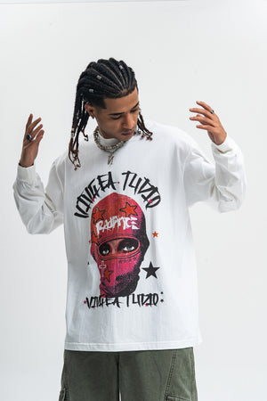 Balaclava print long sleeve top ganster t-shirt hip-hop jumper in white