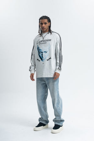 Psychedelic jumper long sleeve cybepunk top alien print t-shirt grunge striped pullover in black