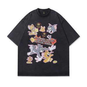 Vintage cat & mouse t-shirt retro cartoon tee Tom Jerry top in grey