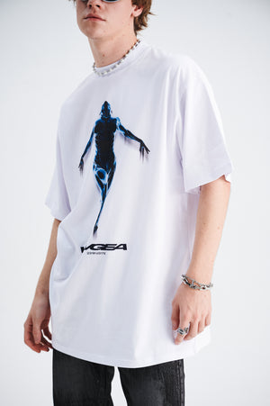 Cyber human t-shirt psychedelic top futuristic tee in white