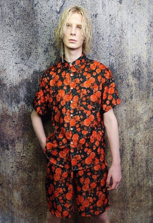 Rose shorts floral print crop board overalls in red black