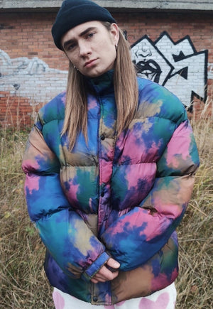 Tie-dye bomber paint splatter puffer quilted jacket purple