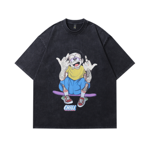 Middle finger t-shirt tattoo boy tee y2k Japanese cartoon top in vintage grey