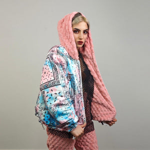 Pink fleece jacket reversible paisley hood bandanna bomber retro geometric cashew print coat detachable sleeves overcoat fluffy festival set