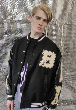 USA varsity jacket PU leather sleeve MA bones bomber black