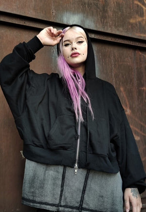 Cropped baggy hoodie two sided zip finish wide hooded top