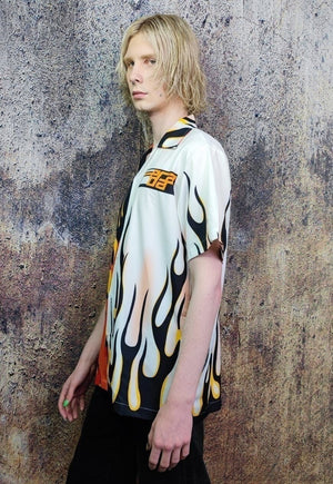 Racer shirt flame print short sleeve top in white red