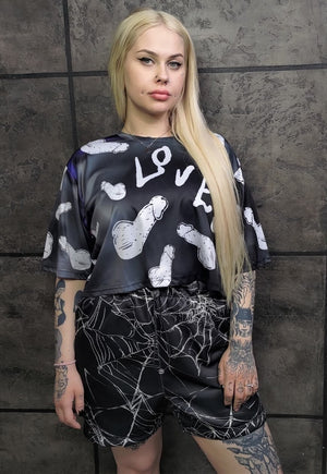 Spider web print shorts handmade Gothic overalls in black