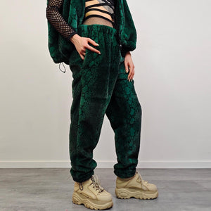 Snake faux fur joggers green python trousers crocodile pants rave fluffy overalls festival bottoms burning man fleece set