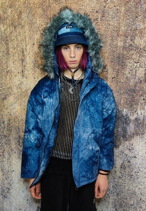 Gradient space print parka tie-dye print bomber coat in blue