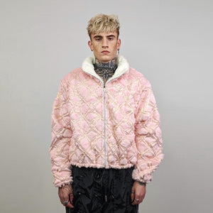 Cropped fleece track jacket beige embellished coat reversible short rave bomber sports set burning man outfit festival overcoat carnival fit