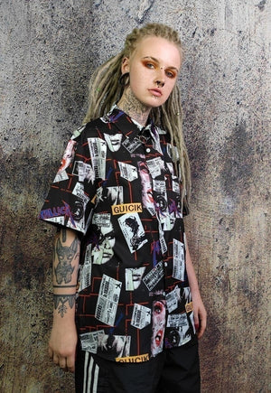 Pop culture shirt short sleeve magazine graffiti top black