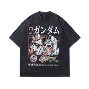 Robot print t-shirt anime tee retro Japanese top in vintage grey