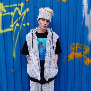 Fluffy fleece joggers grey geometric trousers luxury rose pattern pants handmade party hotpants distressed festival set raver tracksuit