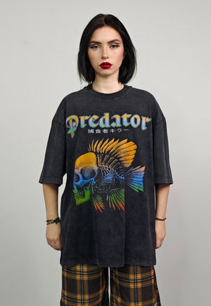 Fish bone t-shirt predator slogan tee retro top vintage grey