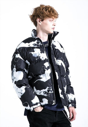 Paint splatter bomber Milk print cow puffer jacket in black