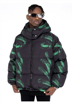 Cobra print bomber jacket Snake high neck puffer in black