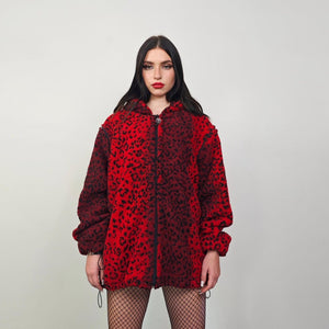 Animal print hooded jacket red leopard fleece bomber padded cheetah pullover detachable sleeves handmade top spot pattern festival overcoat