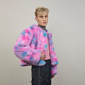 Pink tie-dye fleece coat short abstract collarless jacket gradient trench fluffy detachable sleeves handmade festival overcoat burning man