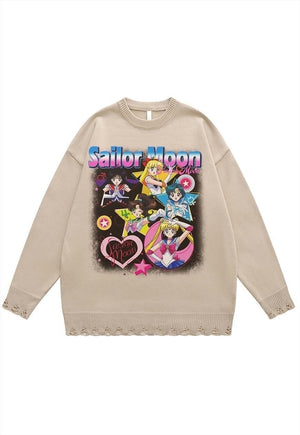 Anime sweater jumper ripped knitted top in black
