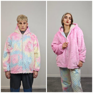 Pastel pink fleece jacket reversible mermaid hood faux fur bomber retro geometric coat burning man overcoat fluffy golden rave festival set