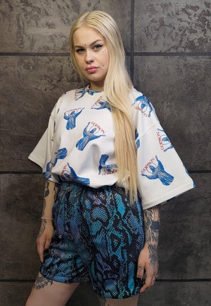 Snake print shorts handmade python overalls in tie-dye blue