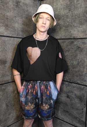 Baroque print shorts handmade religion Gothic overalls blue