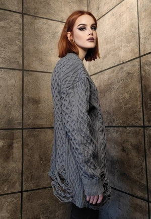 Ripped chunky sweater knitted distressed cable jumper grey