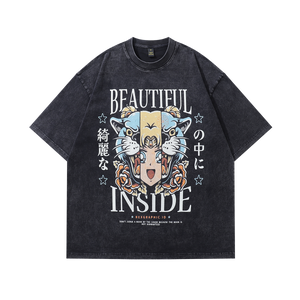 Tiger t-shirt anime print tee Japanese cartoon top in vintage grey