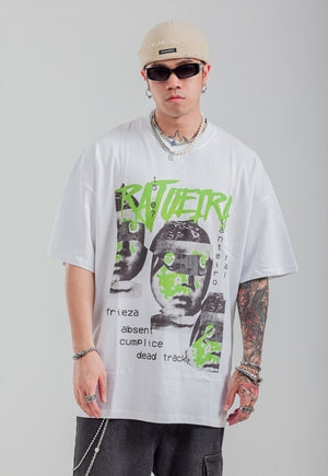 Raver print t-shirt monster doll tee cyber acid top in white