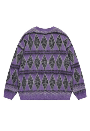 Fluffy geometric sweater diamond pattern hairy mohair jumper
