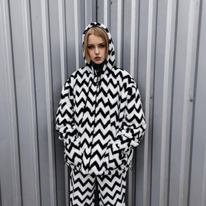Zigzag fleece jacket green hooded geometric bomber luxury grunge coat detachable sleeves handmade stripe pattern overcoat fuzzy festival set