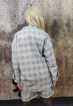 Plaid check sports suit casual loose fit shorts blazer set